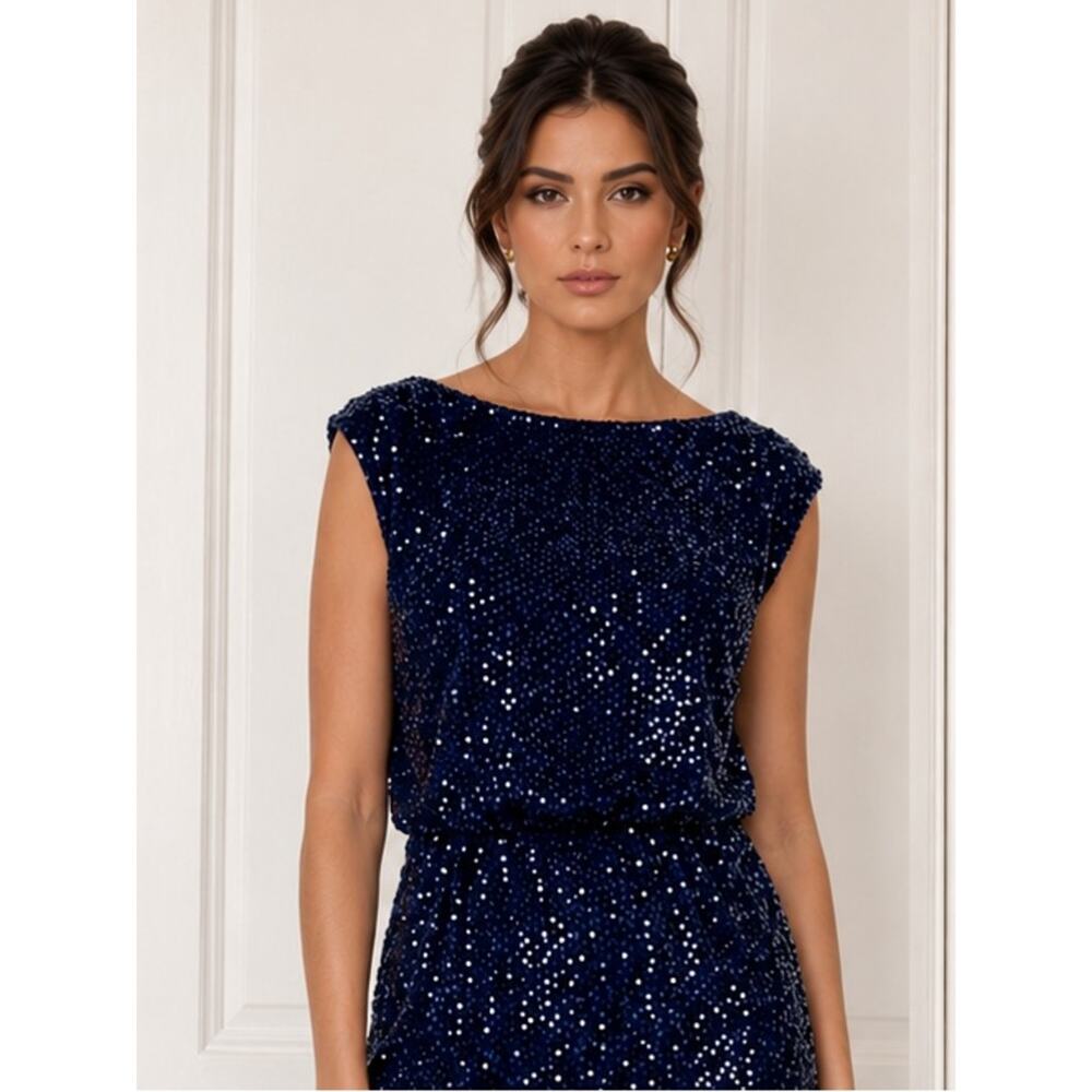 NWT Maggy London Sequined Blouson Navy Blue Dress - Picture 14 of 15